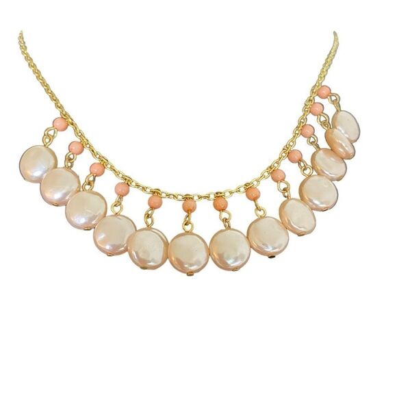 Necklace Pink faux pearl with coral colored beads on gold tone chain - Picture 1 of 5